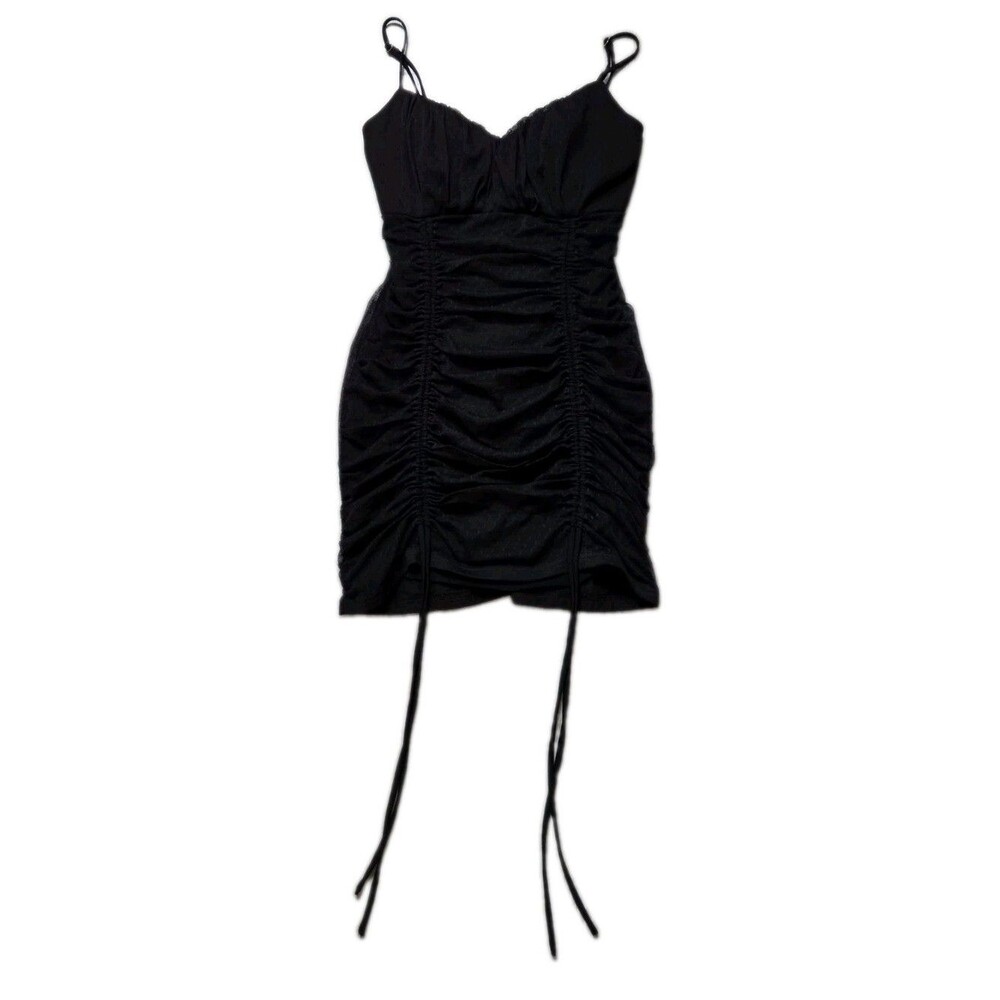 Windsor Black Ruched Bodycon Mini Dress Adjustable Drawstring Y2K Sz L EUC